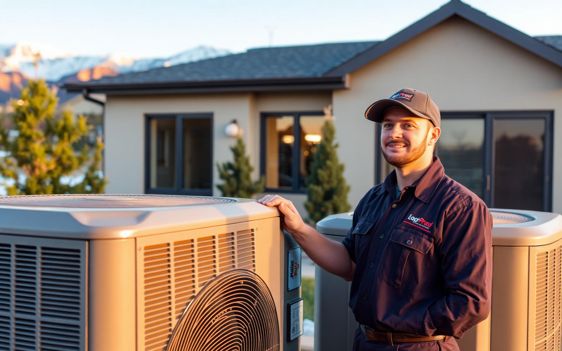 Summit Peak HVAC technician servicing a home in Salt Lake City with the Wasatch mountains behind
